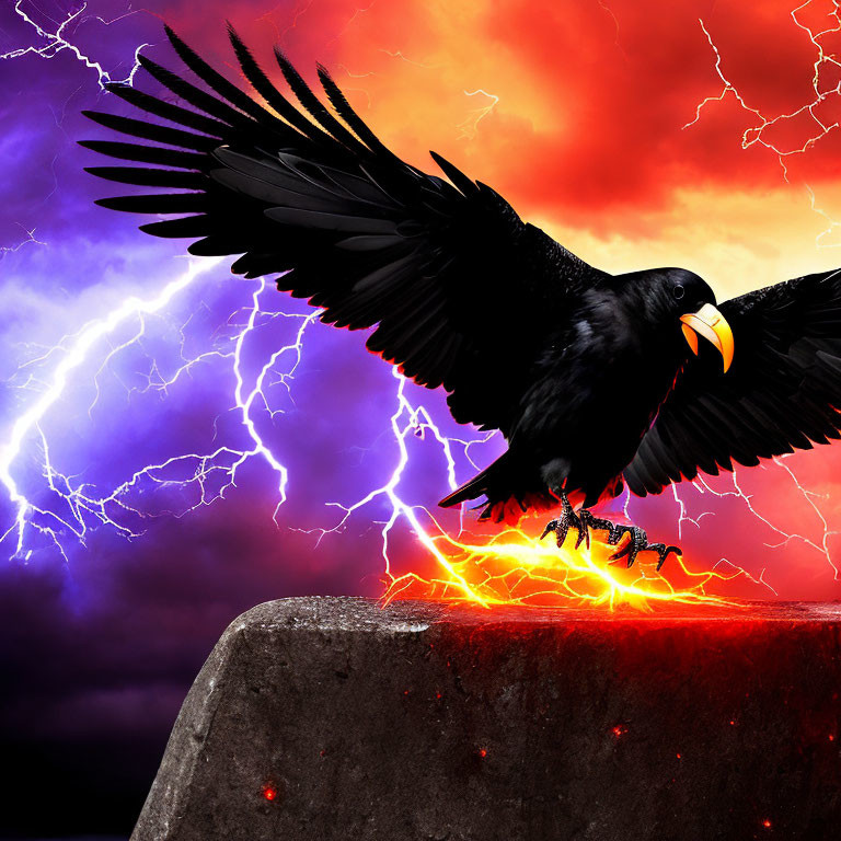 Black raven perched on molten edge under purple skies with lightning