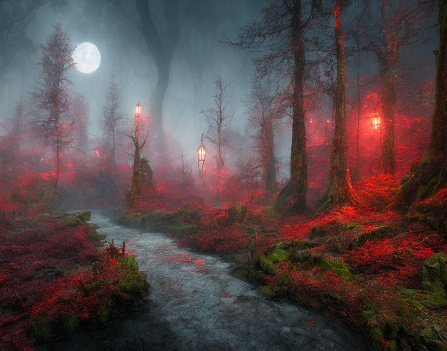 Ethereal forest scene: full moon, red foliage, glowing lanterns, meandering stream