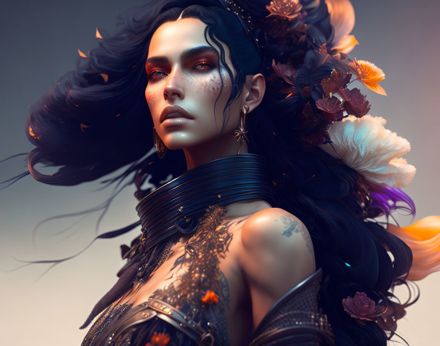 Fantasy style image of a woman with dark hair, flowers, feathers, jewelry, and tattoos