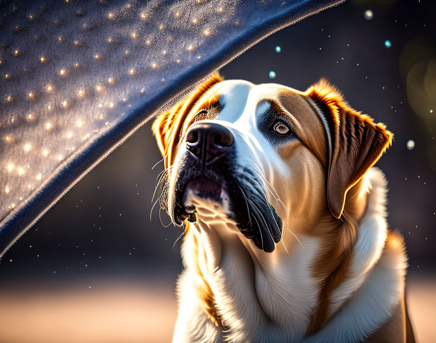 Striking-eyed dog under blanket in warm sunlight with bokeh.