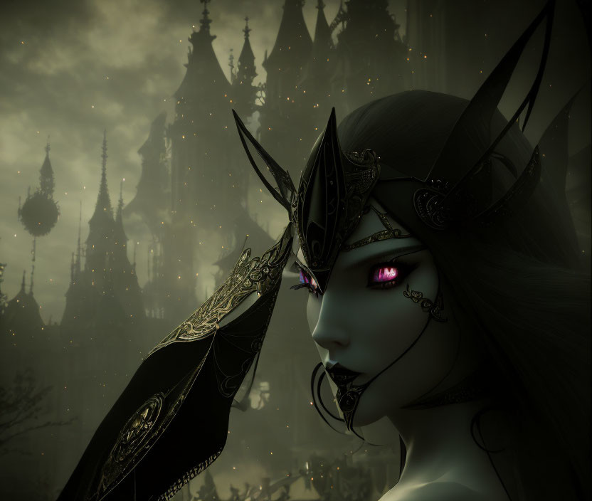 Dark elf with pink glowing eyes in Gothic fantasy city.