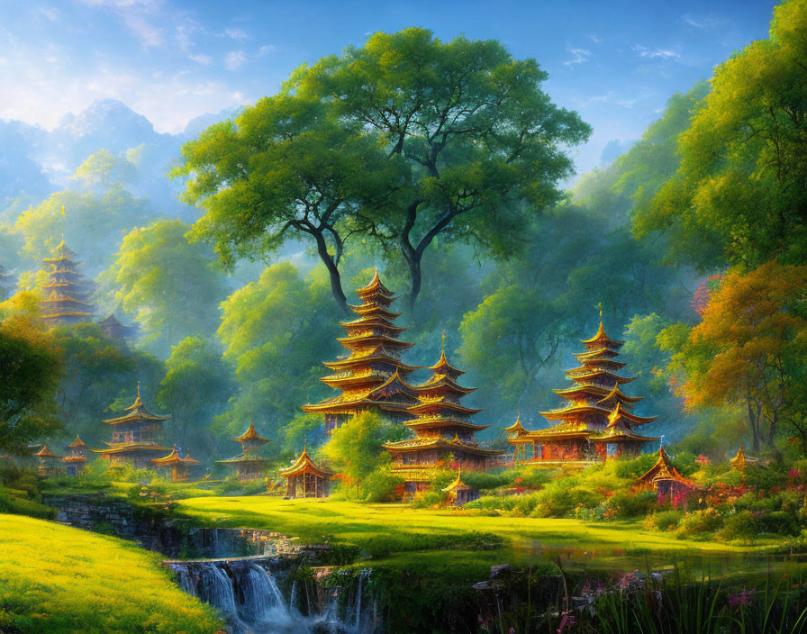 Tranquil pagodas in lush greenery with waterfall and flowers