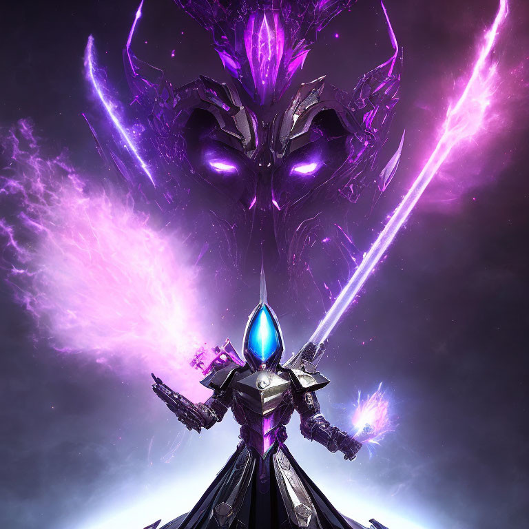 Armored figure with crystal helm under giant purple skull