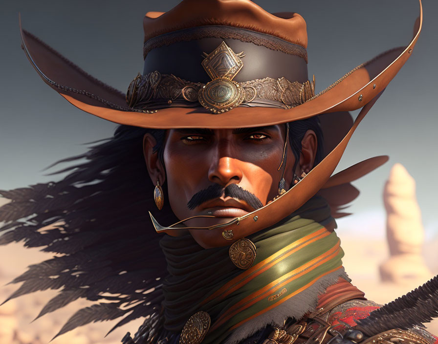 Male character digital portrait with wide-brimmed cowboy hat and desert backdrop