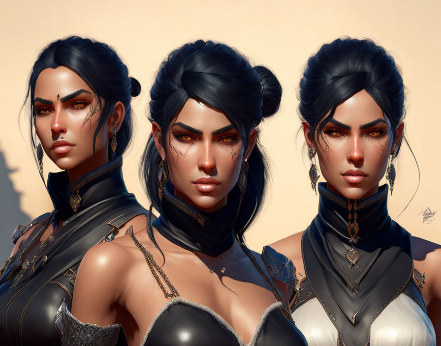 Stylized female characters with tattoos in futuristic warrior outfits