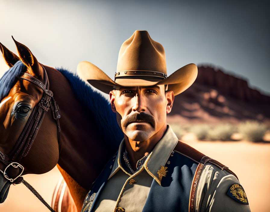 Cowboy with mustache in sheriff's uniform next to horse in desert landscape