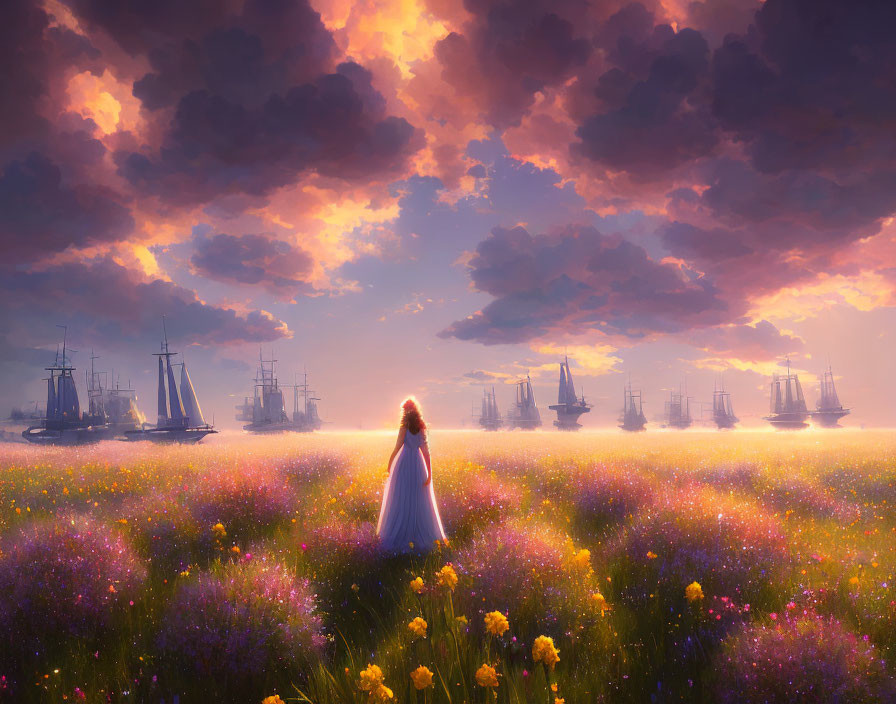 Woman in white dress gazes at tall ships in colorful meadow at sunset