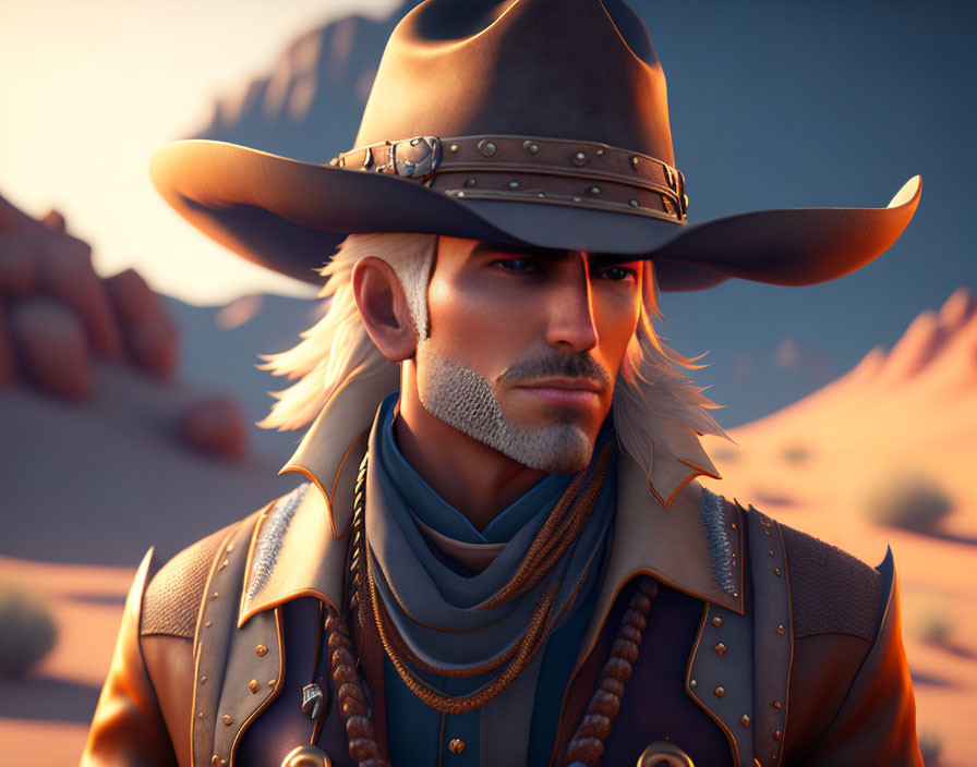 Male cowboy character in wide-brimmed hat against desert sunset