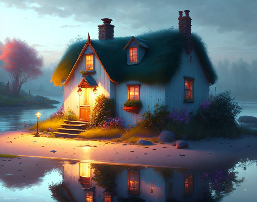 Quaint blue cottage with thatched roof by serene river at twilight