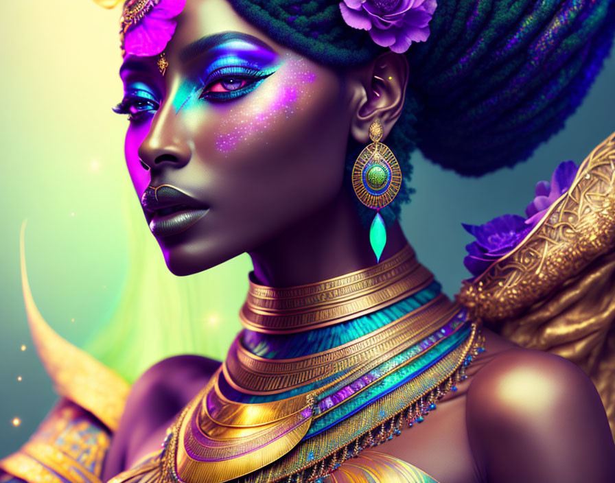 Woman with Vibrant Makeup and African Jewelry in Mystical Setting