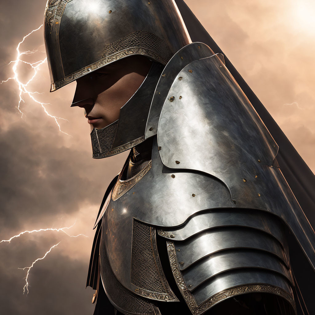 Medieval knight in armor under dramatic sky with lightning.