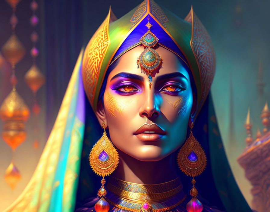 Regal woman digital artwork with gold jewelry and warm colors