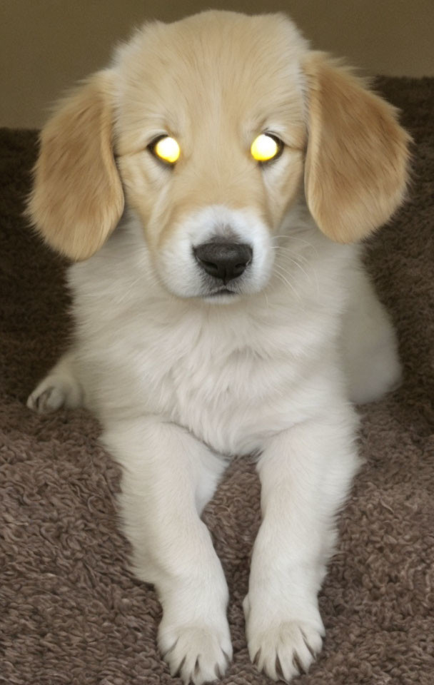 Fluffy Golden Retriever Puppy with Glowing Eyes on Textured Surface