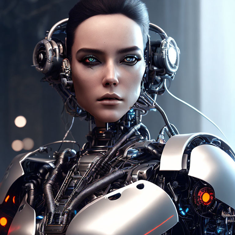 Detailed Close-Up of Female Humanoid Robot with Cybernetic Components wearing Headset