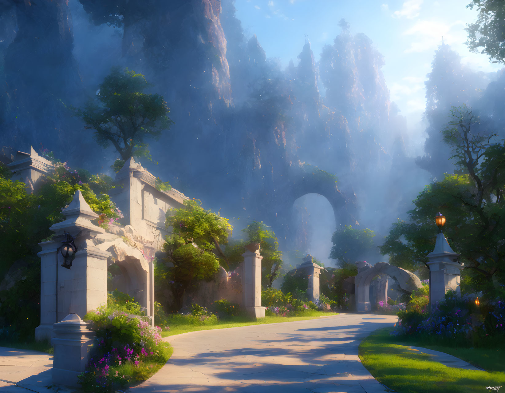 Sunlit fantasy landscape with mist, ornate path, classical architecture, and lush greenery