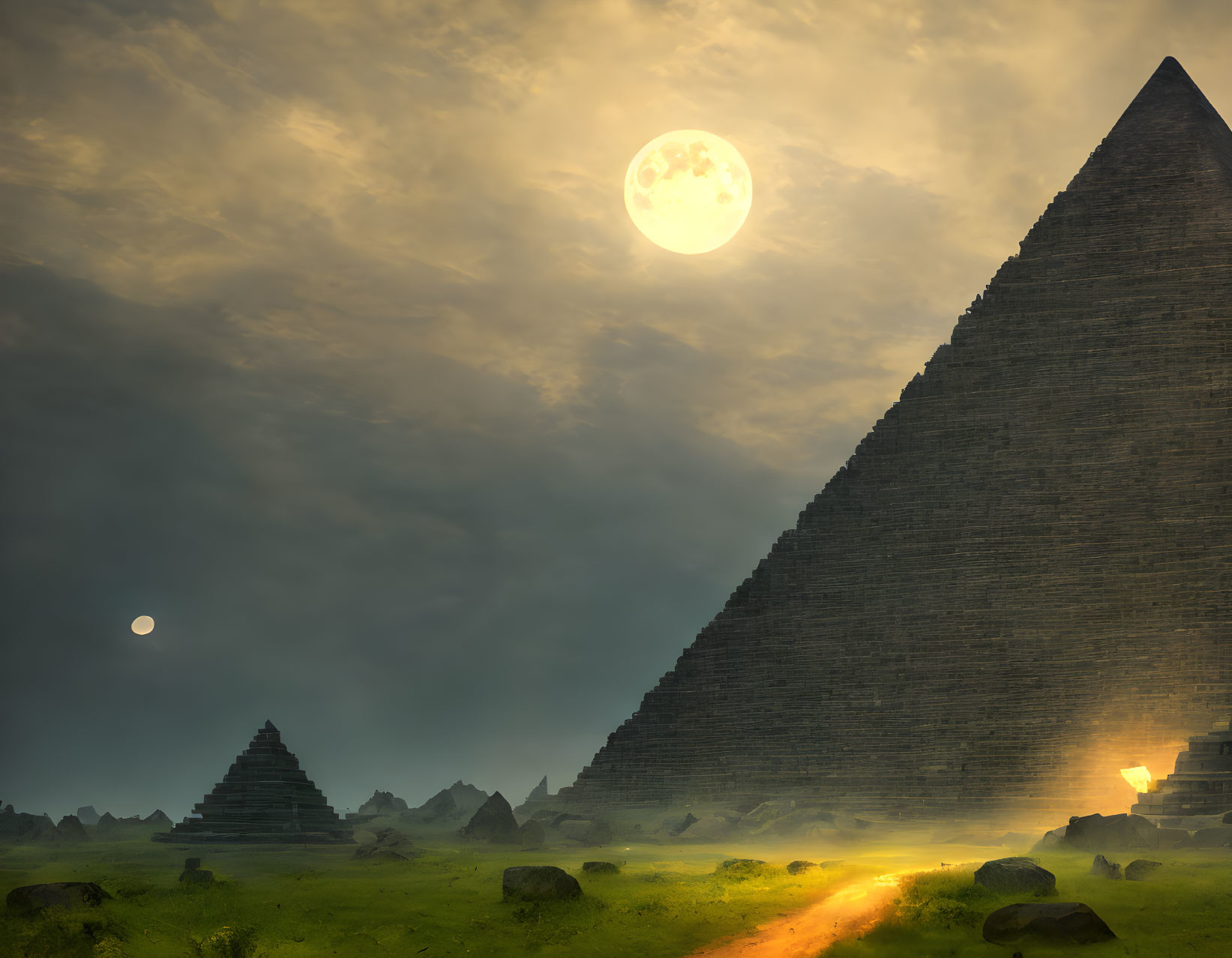 Large pyramid at sunset with double moon, ruins in grassy landscape