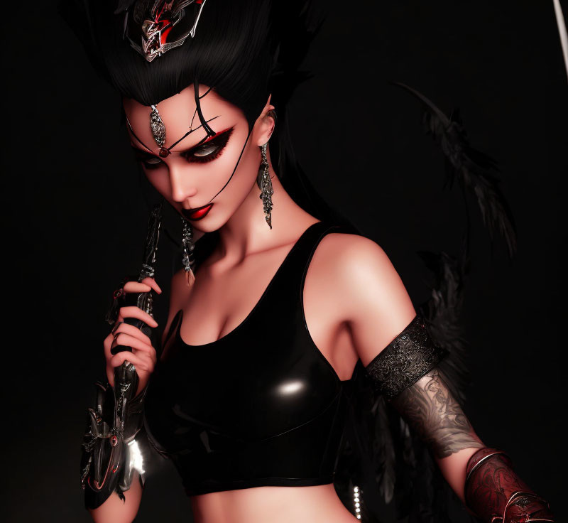 Stylized animated female character with dark, edgy aesthetic in black outfit and red arm sleeve,