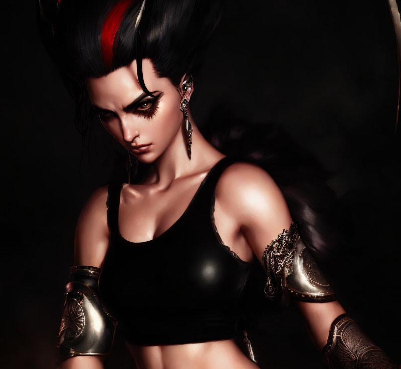 Digital Artwork: Female Warrior with Red and Black Hair and Golden Arm Bracers