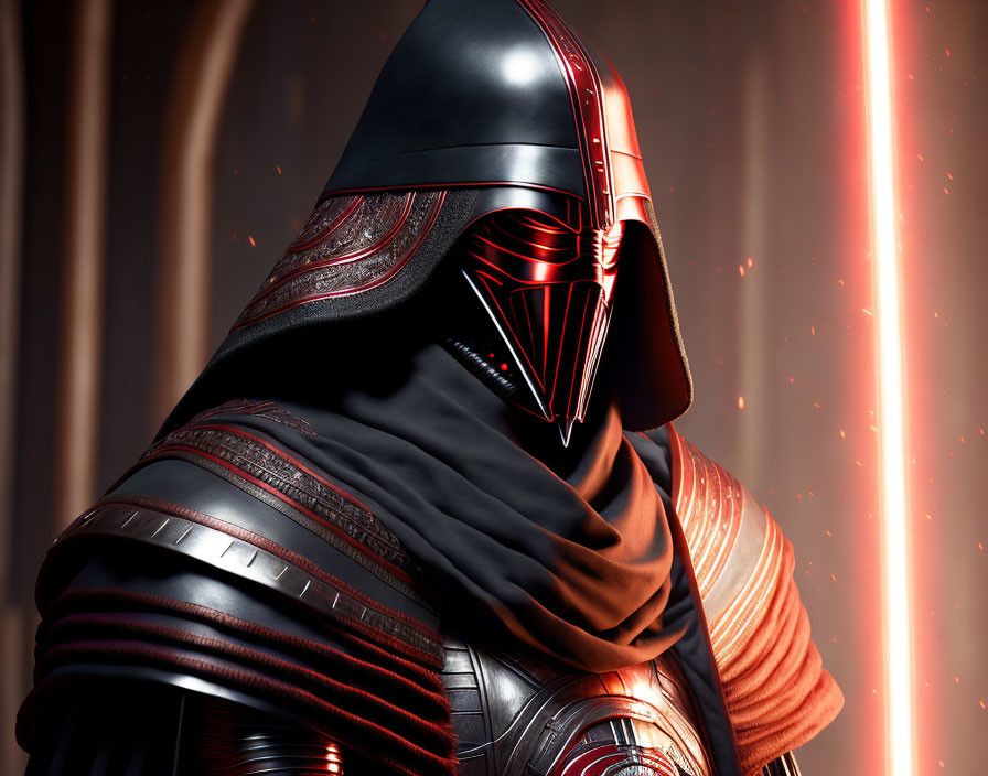 Mysterious figure in black and red helmet and robes with red lightsaber