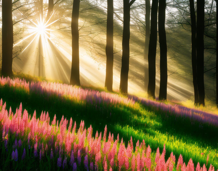 Forest sunbeams illuminate purple flowers in serene scene