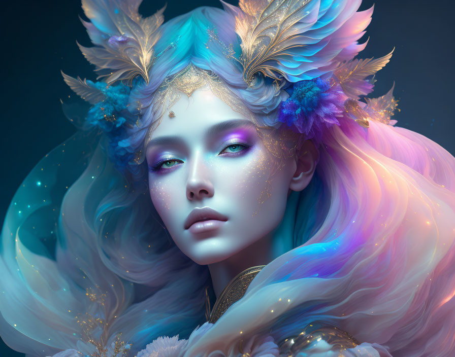 Multicolored flowing hair and golden feathered headdress on a celestial gradient background