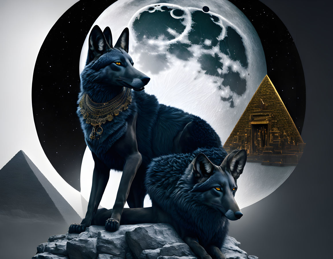 Majestic wolves adorned with jewelry in front of Egyptian pyramid and full moon symbols