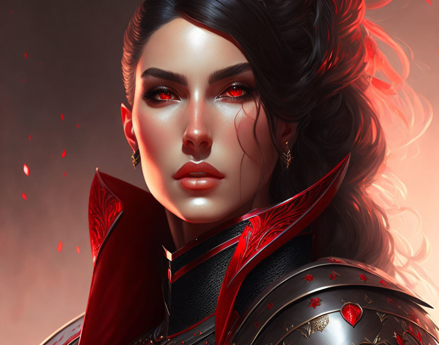 Digital portrait of woman in red armor with striking red eyes on ember background