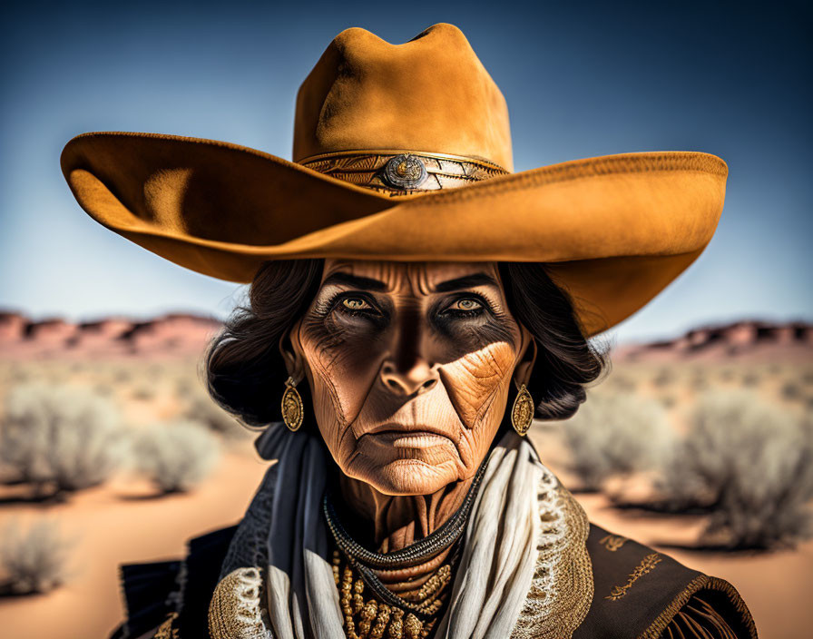 Elderly person with blue eyes in cowboy attire in desert portrait