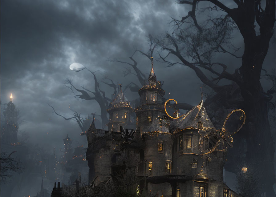 Eerie Gothic-style mansion at night with full moon and fog