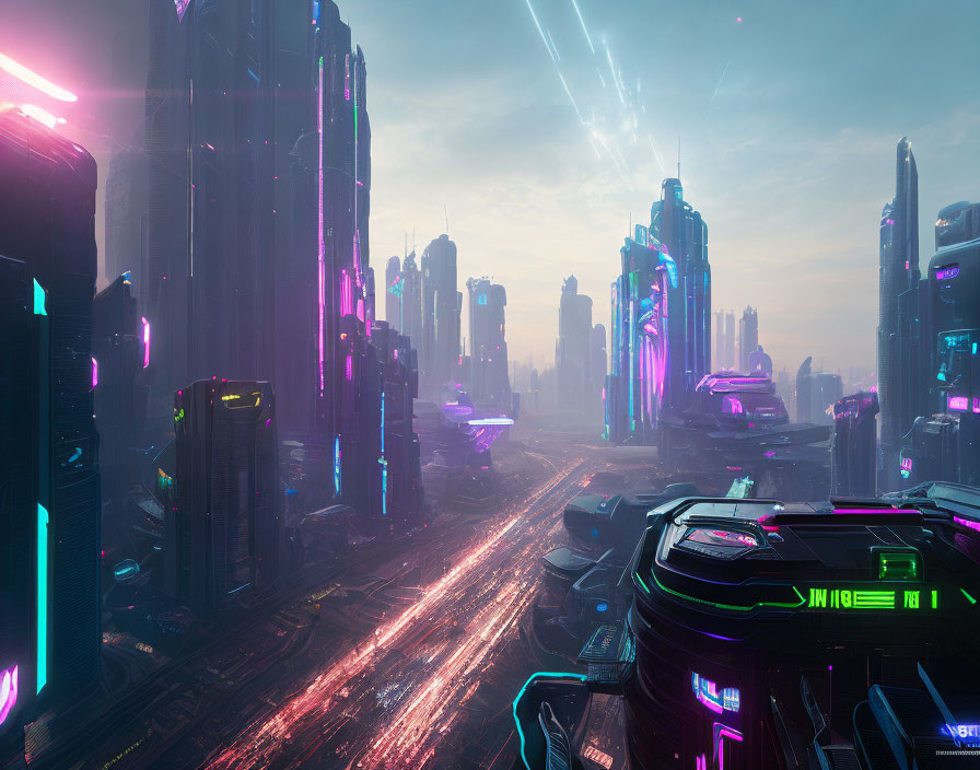 Neon-lit futuristic cityscape with flying vehicles at dusk