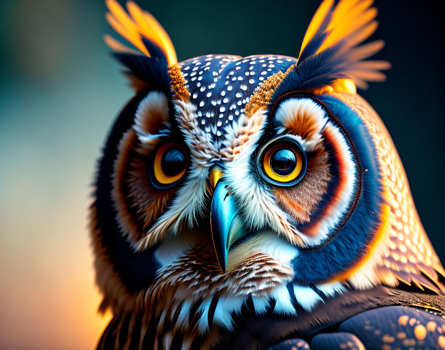 Colorful Owl Close-Up with Striking Yellow Eyes