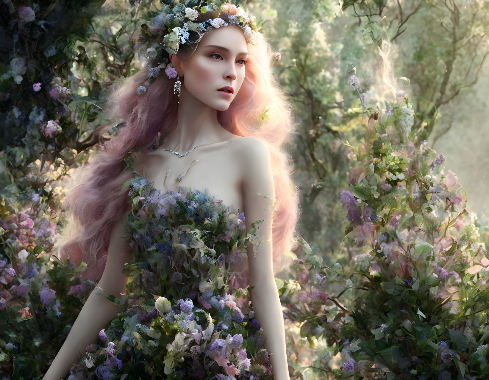 Surreal portrait of woman with pastel pink hair in floral headpiece, flower-blended dress