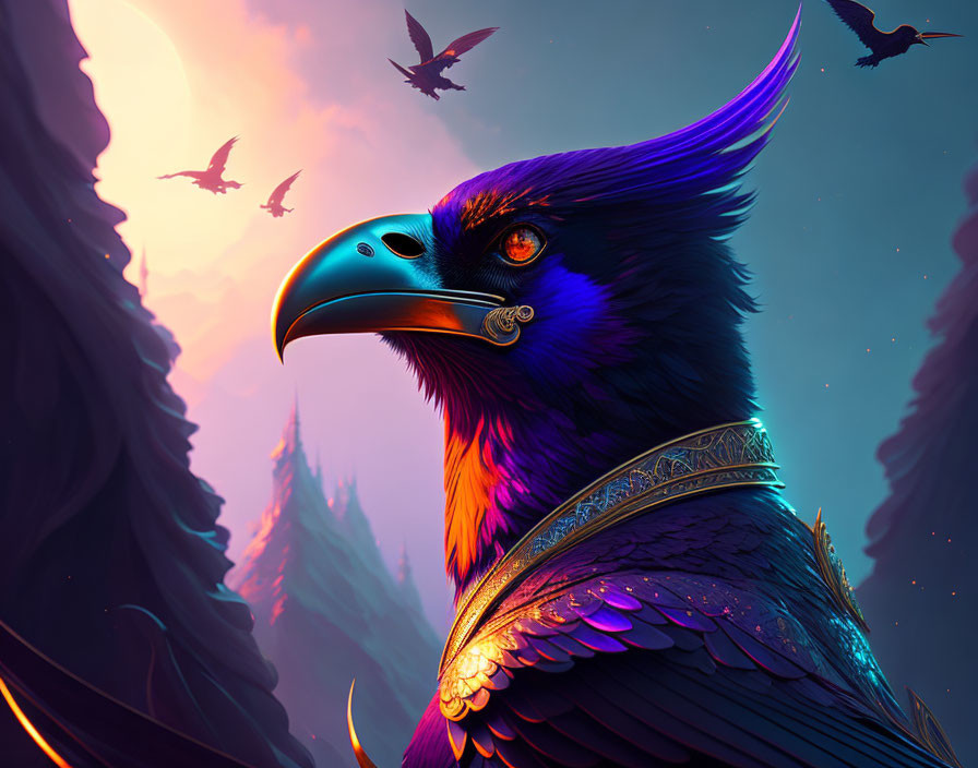 Majestic eagle digital illustration with blue gaze and mountain backdrop