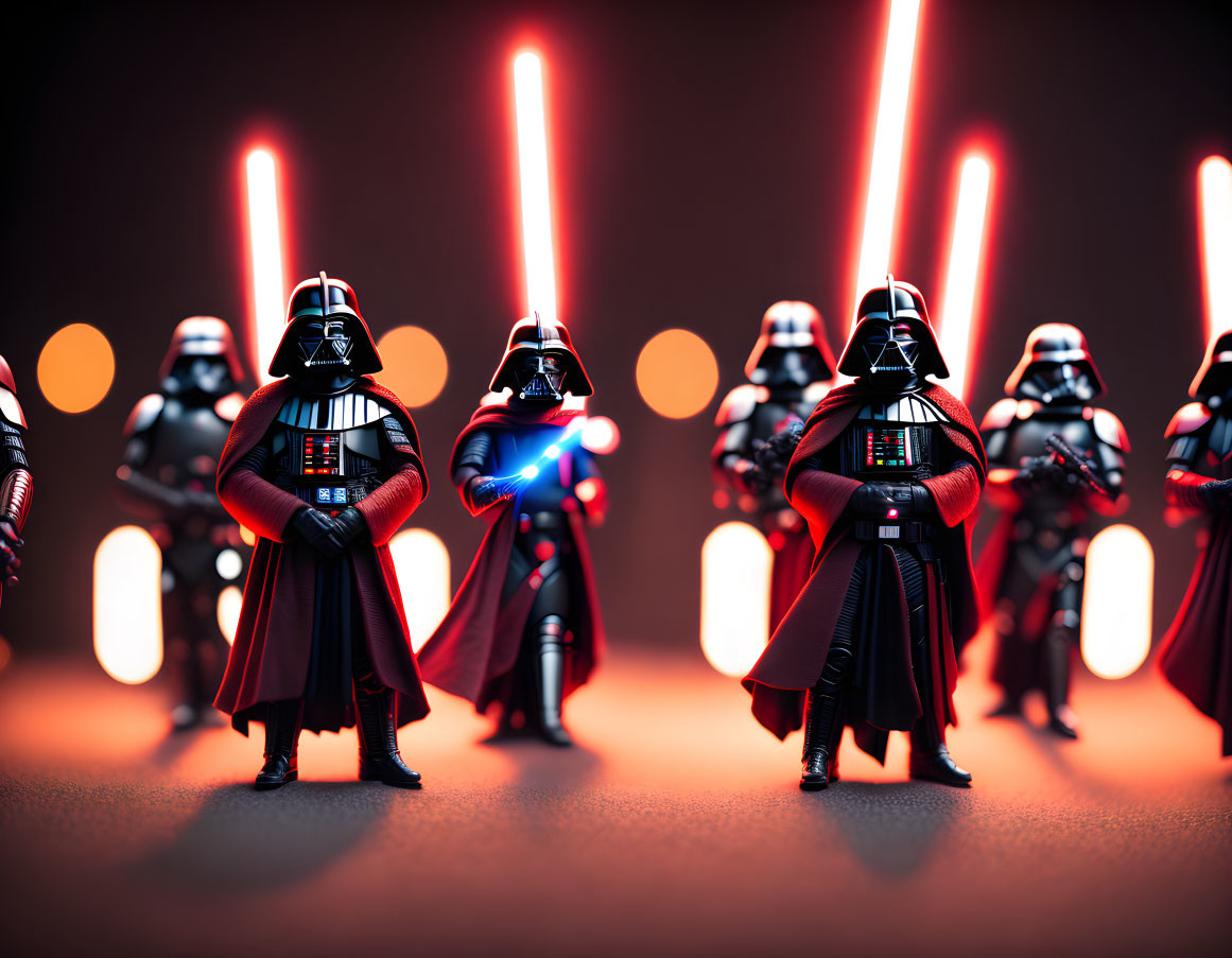 Collection of Darth Vader action figures in dramatic pose with red lightsaber effects