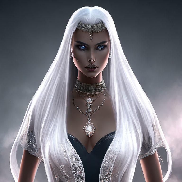 Fantasy digital artwork: White-haired woman with blue eyes and ornate accessories in misty setting