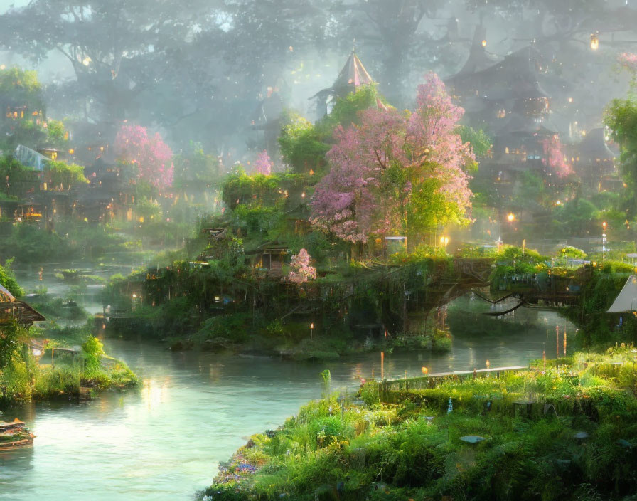 Tranquil fantasy village with cherry blossoms and river