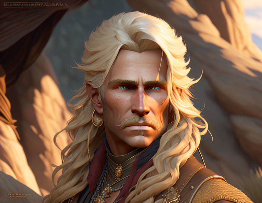 Detailed 3D Illustration: Male Fantasy Character with Long Blonde Hair, Stern Gaze, E