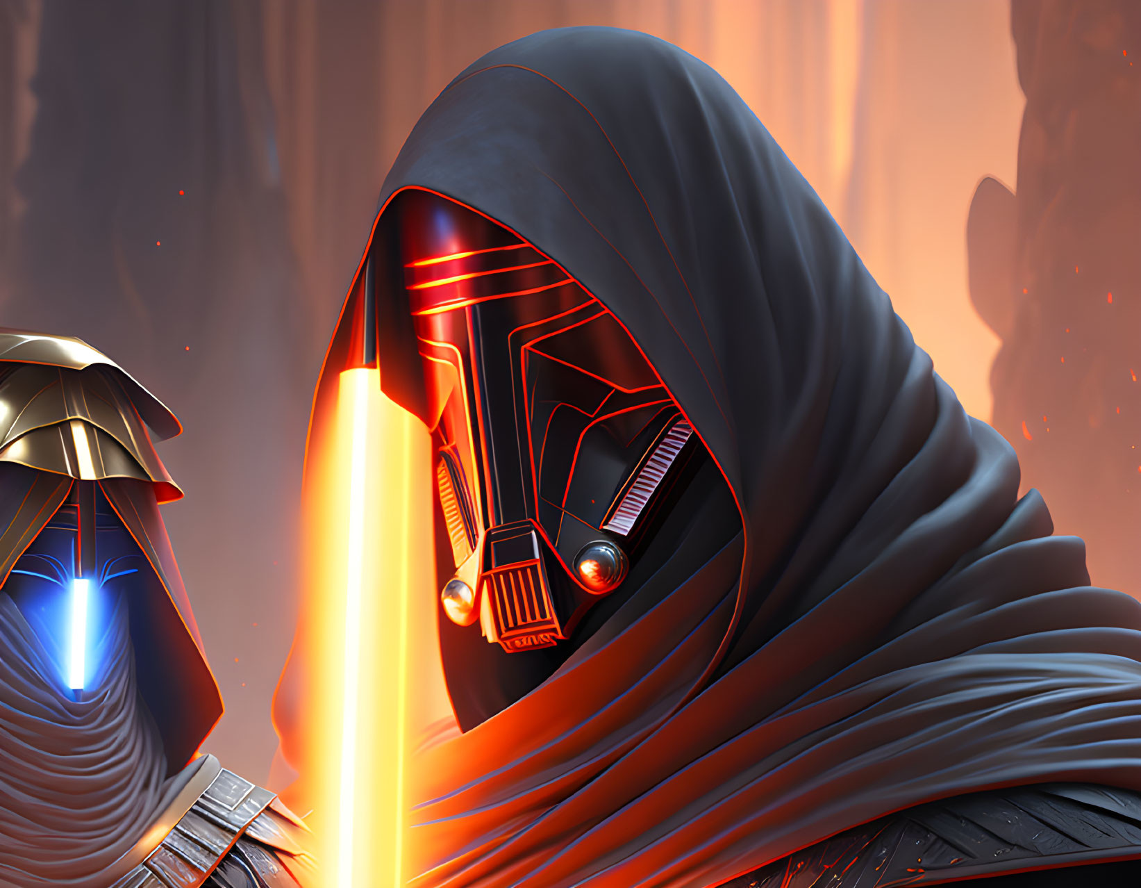 Cloaked figure with red lightsaber in dramatic pose and foreboding mask