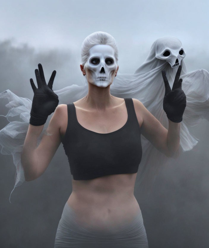 Skull-faced person making peace sign in misty background