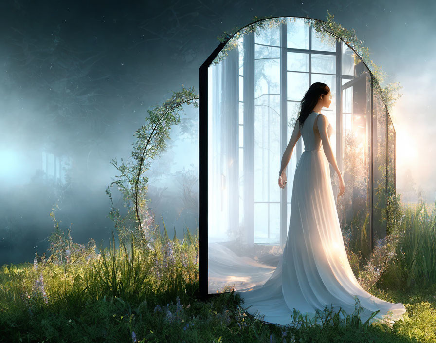 Woman in white dress at doorway to misty forest with ethereal light