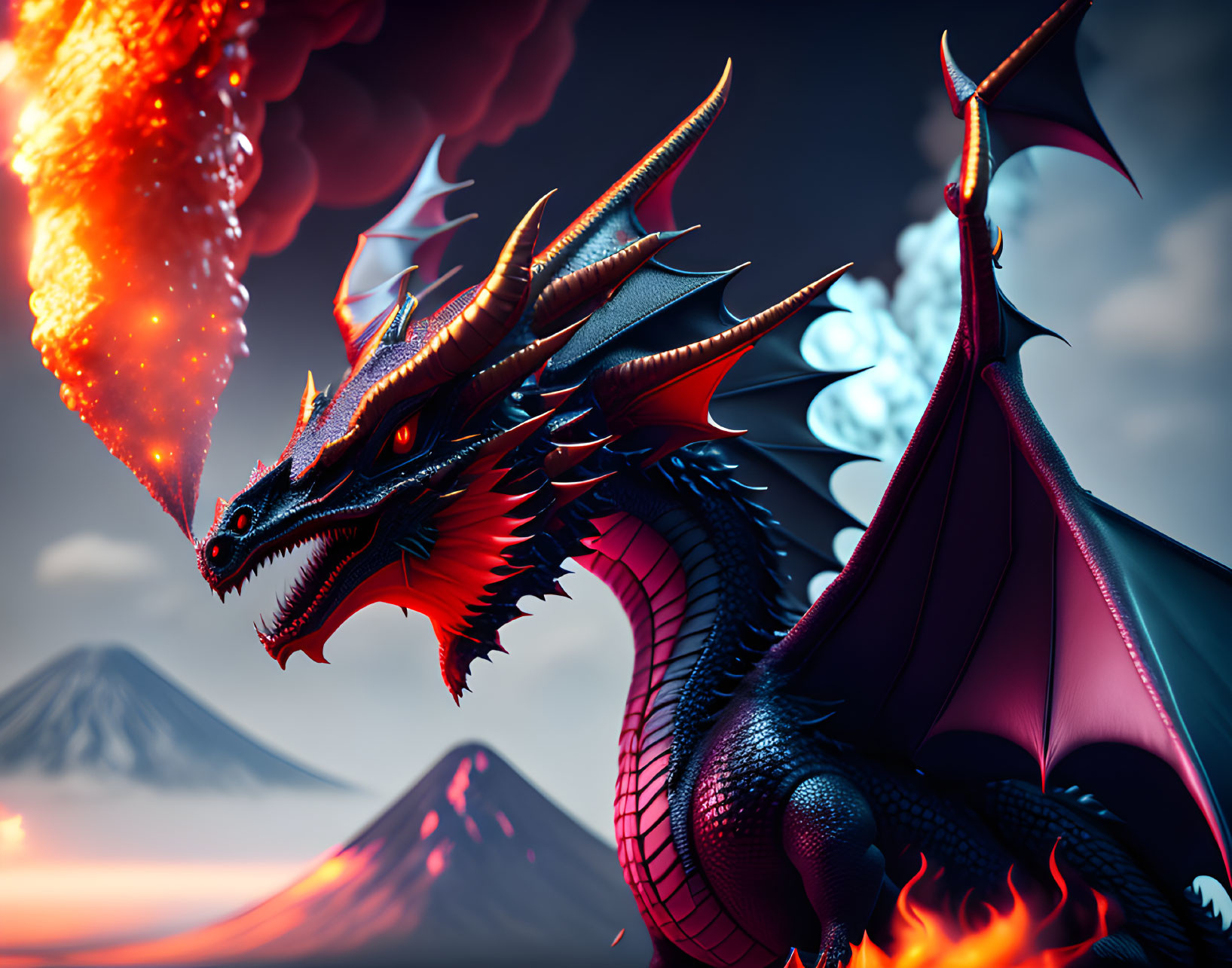 Multi-headed dragon breathing fire in volcanic mountain landscape