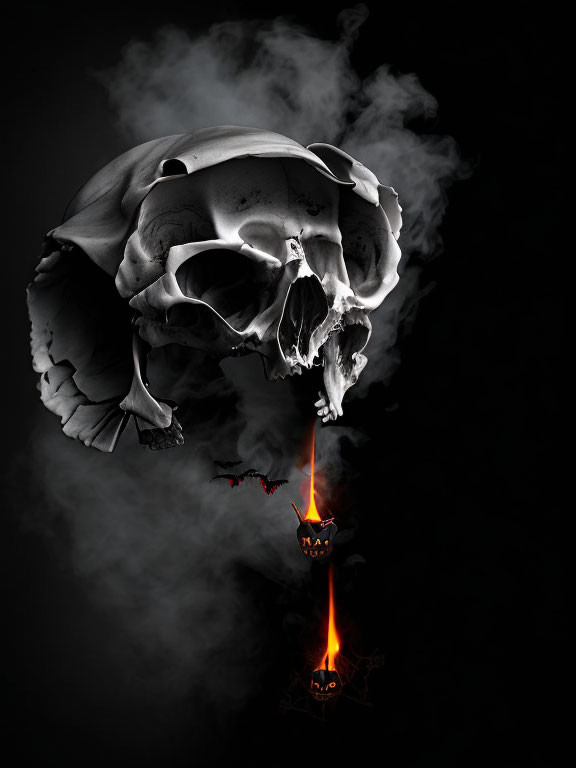 Skull disintegrating into smoke with burning candle on dark background