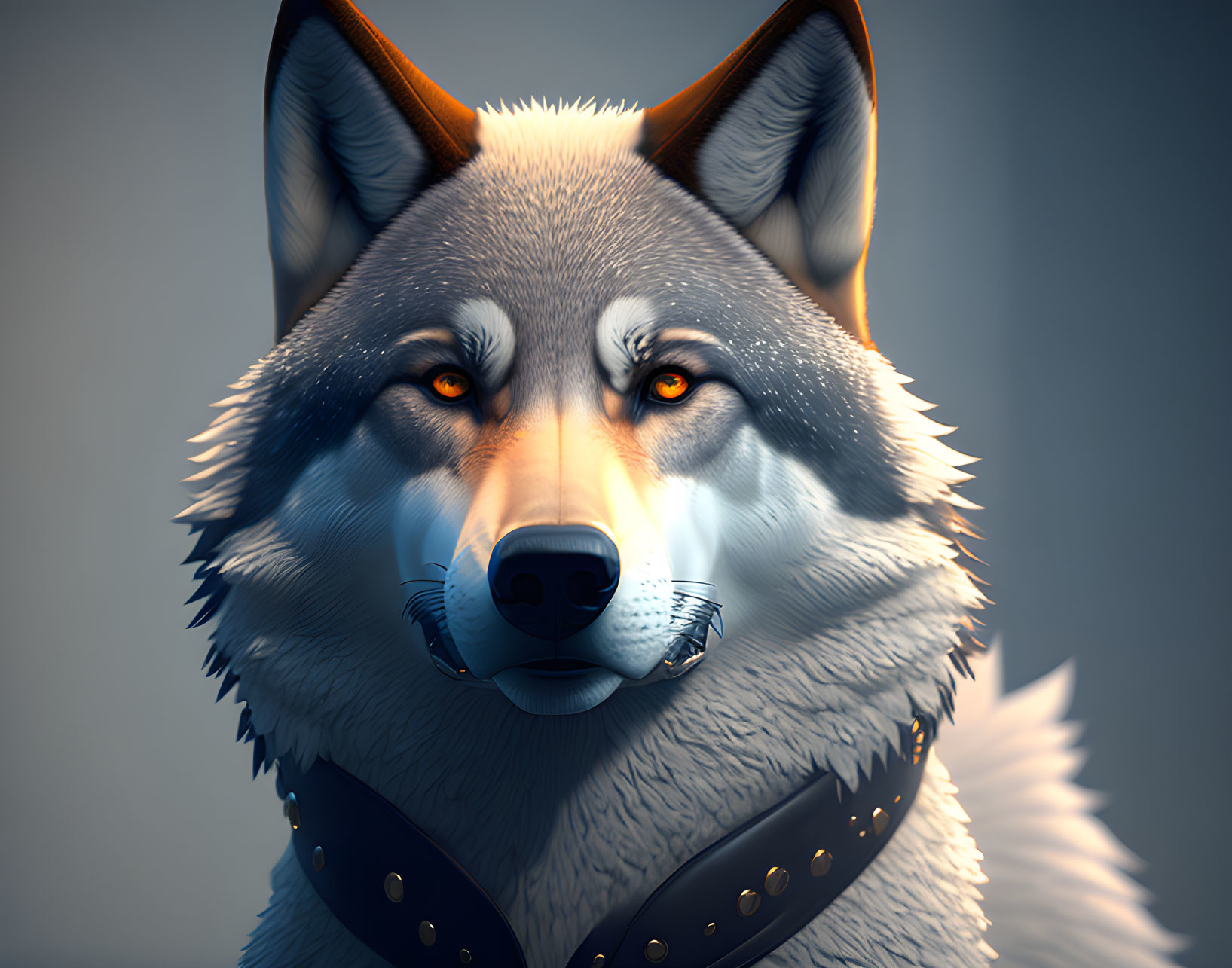 Digital 3D illustration: Wolf with orange eyes and studded collar