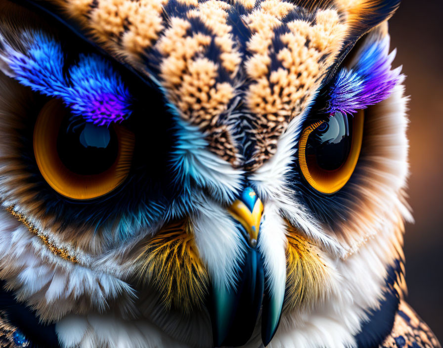 Colorful owl with orange eyes and intricate feather patterns