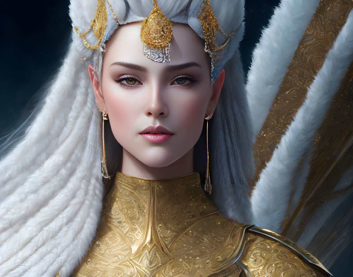 Regal Woman in White Fur-Lined Attire and Golden Armor