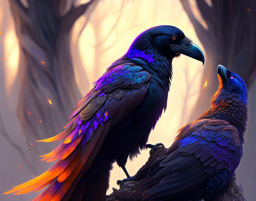 Iridescent purple and orange ravens perched on warm, glowing background