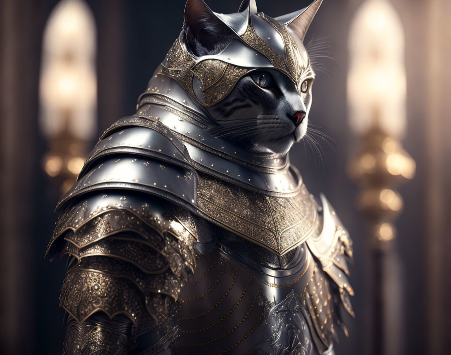 Intricately armored cat in ornate setting with arched windows