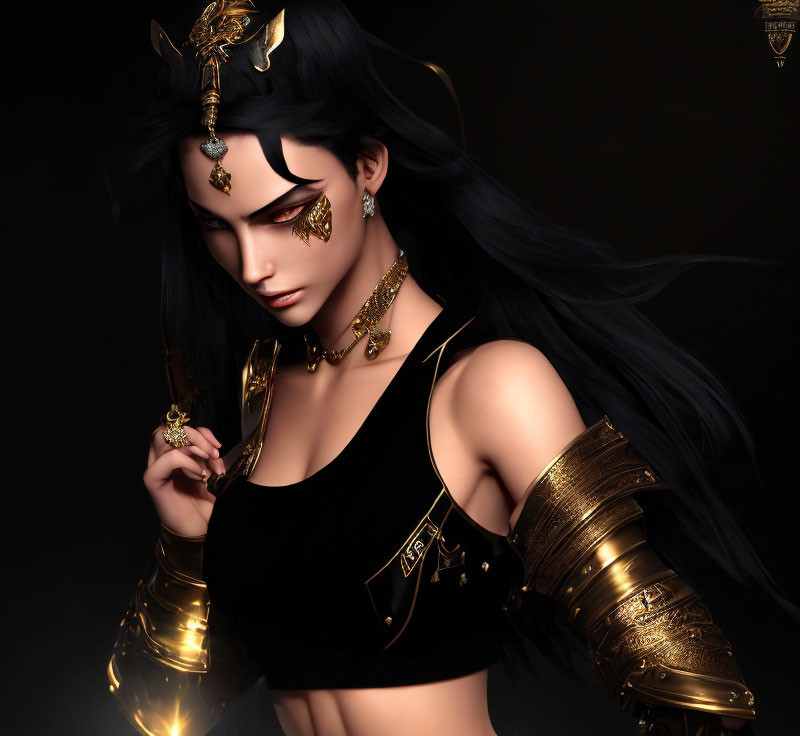 Digital Artwork: Dark-Haired Woman in Gold Armor and Jewelry