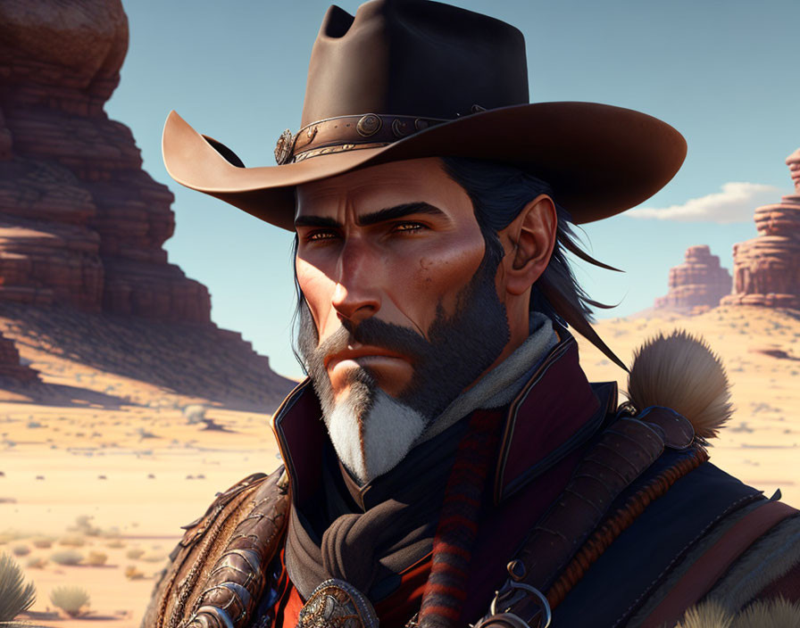 Rugged cowboy with hat in desert landscape