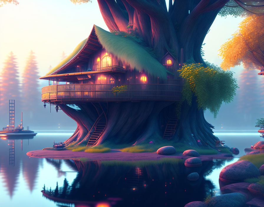 Fantasy treehouse with glowing windows in misty lakeside forest